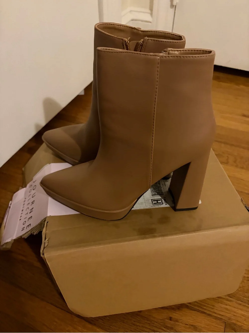Journee Collection Tan Pointed Toe Block Heel Ankle Boots